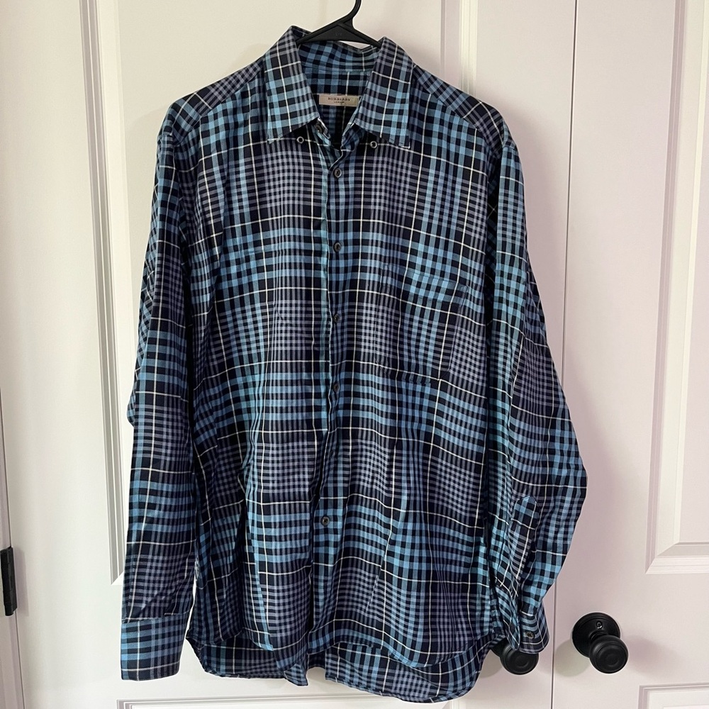 Burberry London Men’s Blue Plaid Button Down Shirt- Size Medium